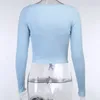 Kvinnors T -skjortor 2024 Kvinnor Sexig blommabroderi Blue Lace Up Cardigan och O Neck Long Sleeve Camis Crop Top Autumn Tops Knit Streetwear