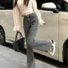 Kot Vintage Yüksek Bel Flare Kot High Street Kadınlar Önyükleme Kesme Kotu Pant İnce gevşek Kore Düğmesi Zipper Gri Pantolon
