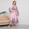 Casual klänningar plus storlek långärmad snörning kvinnor abaya etnisk stil tryck islam kläder muslimsk klänning lös mantel femme vestidos