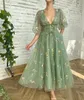 Romantic Vintage Green Prom Dress Princess Puff Long Sleeve Floral Embroidery Women Evening Cocktail Girls Birthday Outfit 240227