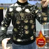 Men's Hoodies 2024Winter European Half Turtleneck Long Sleeved Men Warm T Shirt Floral Print Velvet Black Gold Clothing Sweatshirt