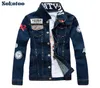 Sokotoo Men039s slim English flag patch design rivet jean jacket Casual dark blue washed denim coat Outerwear SH1909061123342