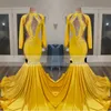 Vintage Yellow Long Sleeve High Neck Prom Dresses Mermaid Sexy Cutaway Sides Keyhole Neck Evening Gowns With Crystals Teens Graduation Robes