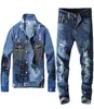 Four Seasons Men039s Tracksuits Spring Autumn Male Vintage Print Blue Denim Jacket Pants Two Piece Sets Casual Coat Stretch J8780154