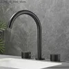 Bathroom Sink Faucets Bathroom Basin Faucets Deck Mounted Double Handle Faucet Black Basin Mixer Hot Cold Shower Room Sink Faucet 3 Hole Tub Tap Q240301