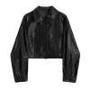 Jackor Kvinnor Crop Tops Imitation Leather Jacket Solid Color Black Long Sleeve Button Open Front Lapel Coat med fickor 2023 Streetwear