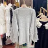 Malhas femininas cinza camisola de malha cardigan jaqueta com decote em v único breasted franja decoração solta casual manga longa primavera outono feminino