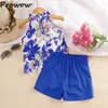 Kleidung Sets ProWow Sommer Mädchen Kleidung Outfit Ärmelloses Drucken Neckholder Top Und Taste Shorts Kinder Anzug Für 4-7Y