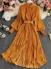 Primavera otoño mujeres vintage maxi vestido de fiesta manga larga naranja lunares plisado noche negro vestidos femme moda bata 240221