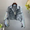 Kvinnorjackor Fashion Design Punk Style Spring Coat Sequin Sleeve Denim Long Coat Crop Abrigos Mujer 240301