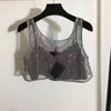 Pra märke triangel märke t skjortor blinkande strass ihålig mesh camisole kvinnors kläder sexiga halter tankar