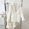 Blazer PantSuits Blanco Plumas reales Manga Un solo botón Fiesta Oficina Ropa de negocios Traje Chaqueta de solapa Pantalones Conjuntos de dos piezas 240221