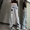 Kvinnors jeans Kvinnor raka ben svarta byxor för kvinnor grafik med fickor hög midja stjärnbyxor tryck mönster koreanskt mode