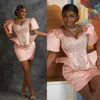 African Plus Size Cocktail Dresses Short Prom Dresses Satin Nuke Pink Short Sleeves Appliqued Mini Dress Graduation Dress for Black Girls Birthday Gowns C059