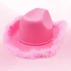 Bérets Rose Cowgirl Chapeau Western Cowboy Caps Pour Femmes Fille Tiara Costume De Vacances Fête Plume Bord Fedora