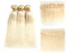 Cabelo virgem brasileiro 613 loiro 3 pacotes com 134 renda frontal reta cabelo humano tecer pacotes com fechamento de orelha a orelha 4305207