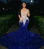 Royal Blue paljetter Beaded Applicques Prom Dresses For Black Girls Sheer Neck Sweep Train Mermaid Formell tillfälle klänningar