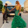 Sexig Hunter Green Mermaid Prom -klänningar med guldpärlor Tier Ruffles Bottom Illusion Top Black Girls Graduation Evening Clows