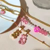 Hänghalsband rosa gummy björn pärlpärlpärlor choker halsband för kvinnor flerskikt asymmetriska blomma pärlor metallkedja mode smycken 230613