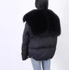 Oversize real fox fur collar womens short parkas with zipper hooded White duck down jacket