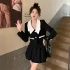 スーツ女性の甘いカジュアルショートブレザースカート2ピースドレスセット春秋の韓国ファッションパッチワークブラックジャケットミニスカート衣装