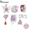 Lösa ädelstenar Bamoer 925 Sterling Silver Pink Heart Pendant Charms Butterfly Rose Pärlor för kvinnor Originalarmband DIY -tillbehör