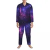 Erkekler Puraj Mor Galaxy Pijama Seti Dış Uzay Bul Nebula Yıldızları Sevimli Yumuşak Erkek Uzun Kollu Vintage Ana Sayfa 2 Parça Nightwear Plus Boyut