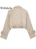 Willshela Vrouwen Mode Met Riem Cropped Trenchcoat Vintage Notched Hals Lange Mouw Vrouwelijke Chic Dame Jas Outfits 240219