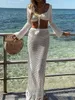 Ensemble de plage 2 pièces tricoté au crochet ajouré pour femmes, haut en dentelle à manches longues + jupe longue taille haute, été 240301