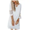 Casual Dresses V Neck White Dress for Women Sleeve Stitching spets med pärlor Summer Beach sundress Elegant Short Robe