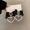 Dangle Earrings S925 Needle Korean Winter Hepburn Hollow Out Pearl Heart Big Rhinestone Black Ribbon Bowknot Drop For Women