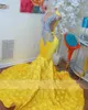무도회 노란색 veet 드레스 흑인 여자 구슬로 된 크리스탈 주름 인어 인어 생일 파티 가운 공식 OCN 드레스