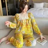 Plus size sleepwear with cherry print without print set of long sleeved top and pants with pleated edges home clothing with breathable skin 240301