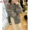 Cardigans 2023 Autumn New Korea Fluffy Mink Cashmere Solid Sweater Cardigans Women Pearl Buttons Loose O Neck Midi Fashion Lazy Chic Coat