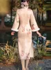 Etniska kläder Höst/vinter retro kinesisk stil cheongsam klänning elegant rosa långärmad förbättrad unga kvinnor förtjockade varma