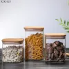 Tools European Transparent Glass Food Storage Jar with Wooden Lid Square Tea Canister Household Coffee Bean Candy Sealed Storage Jar