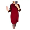 Casual Dresses Soft Comfortable Dress Elegant Knee Length Midi With Three Quarter Mesh Sleeves Pleated Pullover Loose Round For Fall