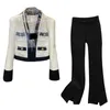 2024 New Little perfume Two Piece Street Fashion V-Neck Tweed Jacket+High Waist A-Line Ski Belt Split Pants 240301