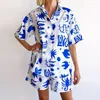 Mulheres Tracksuits Hawaii Férias Soltas 2 Pc Define 2024 Padrão de Verão Impresso Beach Outfit Senhoras Lapela Single Breasted Camisa com Shorts