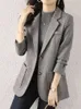 Zoki Harajuku gris Tweed Blazer mujer Retro elegante manga larga Oficina señora traje abrigo Casual otoño botones simples diseño chaqueta 240226