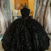 2024 Black Shiny Sweetheart Quinceanera 드레스 어깨 스팽글 구슬 예배당 기차 코르셋 댄스 프롬 멍청이 드 데뷔 턴 15 부랑테 부란테