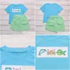 Clothing Sets Summer Clothes Blue Short Sleeve Top And Green Vertical Stripes Shorts Dolphin Crab Fish Embroidery Pattern Boys Drop Dhj84