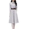 Vestidos de trabalho feminino primavera outono gracioso vestido fino com cinto coreano senhora cor pura manga longa midi 2024 roupas femininas