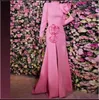 Casual Dresses Saudi Arabia Pink Elegant Evening Flowers Long Sleeves Party Dress Mermaid Satin Formal Floor Length Women Prom Gowns