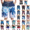 Men's Shorts Board Youth Stylish Tropical Plant Print Swimming Trunks Lace Up Drawstring Breeches Knee Swimsuit Trendy Beachwear