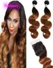 Cabelo Virgem Indiano 2 Pacotes Com Fechamento de Renda 4X4 Com Extensões de Cabelo Do Bebê 3 PCS 1B 30 Ombre Extensões de Cabelo Humano Onda Do Corpo 8745998