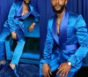 Moda İtalyan gümüş erkekler Saten Slim Fit Royal Blue Shiny Groom Prom Gelinlik Smokin Terlenmiş Blazer Pantolon Seti 240221