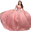 2024 Ball Gown Quinceanera Dresses Bridal Gowns Pink Off Shoulder V Neck Lace Appliques Crystal Beads Hand Made Flowers Sweet 16 Dress Evening Gowns