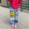 Kot Amerikan Sokak Kişilik Deseni Smiley Yüz Baskı Graffiti Kırık kaykay düz kot pantolon
