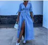 2024 New Design Denim Dress Women Fashion sexy Single-breasted Solid Elegant Deep V-neck Half Sleeves Long Dress Casual Hight Waist Solid Party Dress